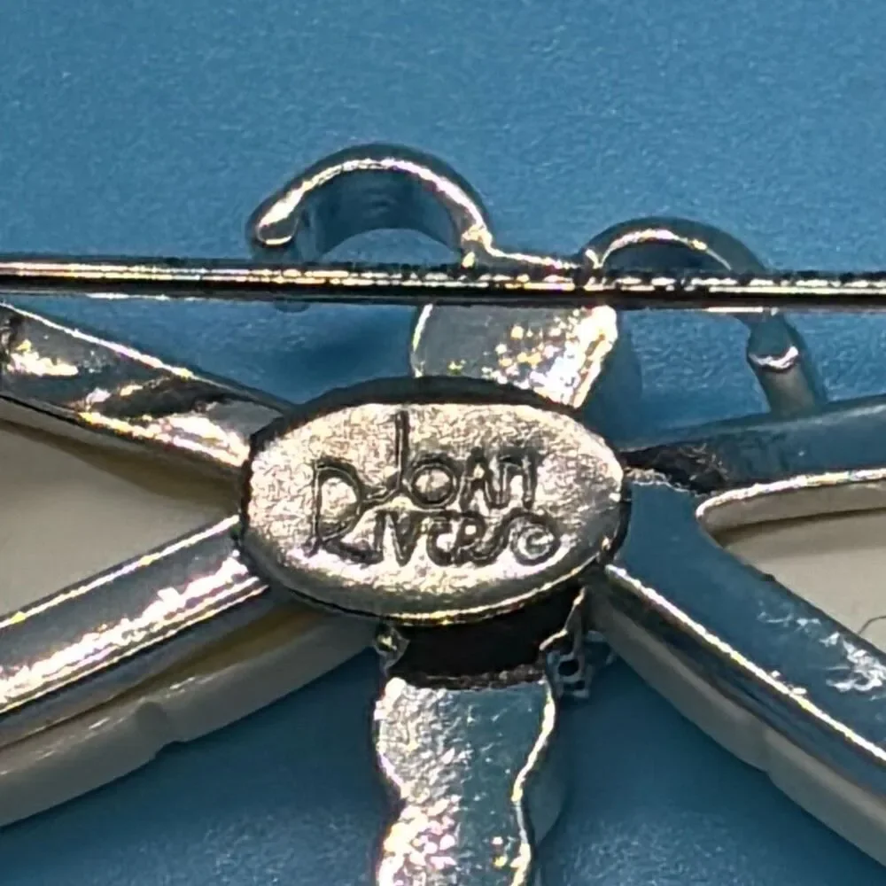 Vtg Joan Rivers Dragonfly pin brooch silver white opal wings crystal body +box